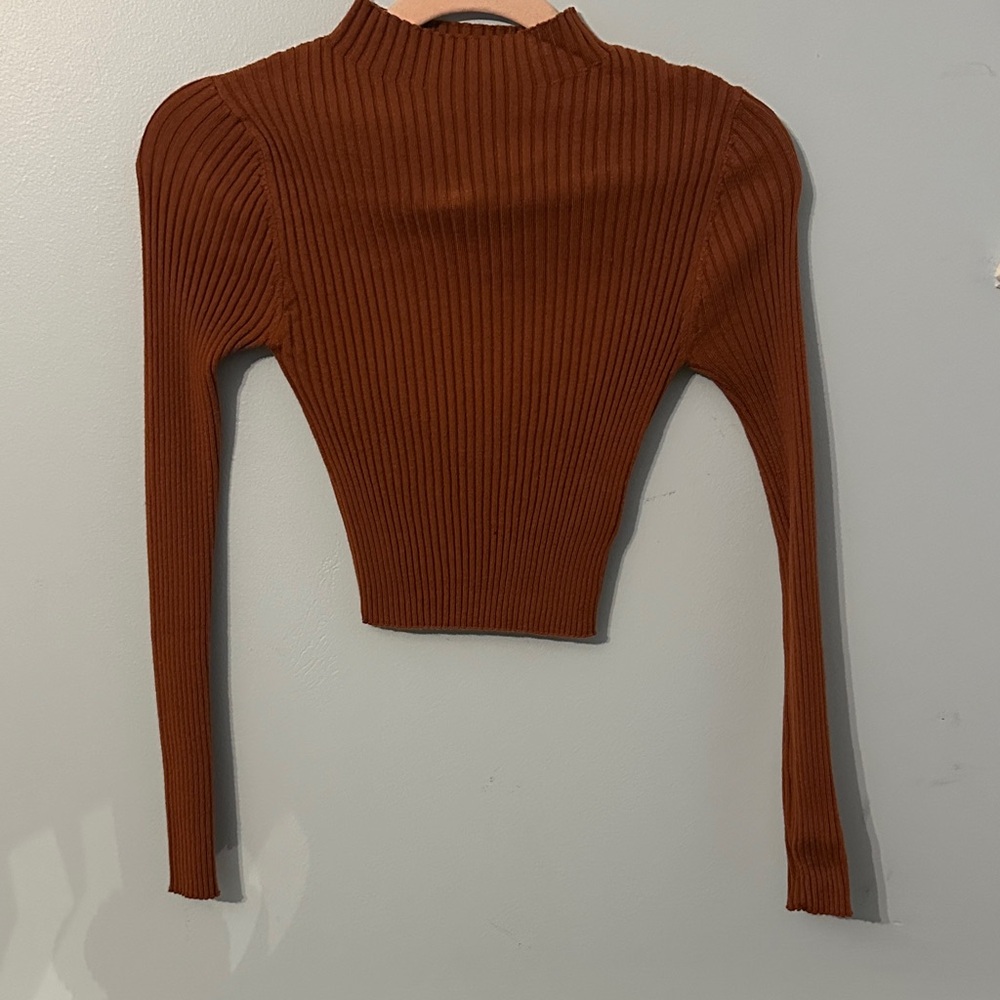 SHEIN Rust Ribbed Long Sleeve Crop Top